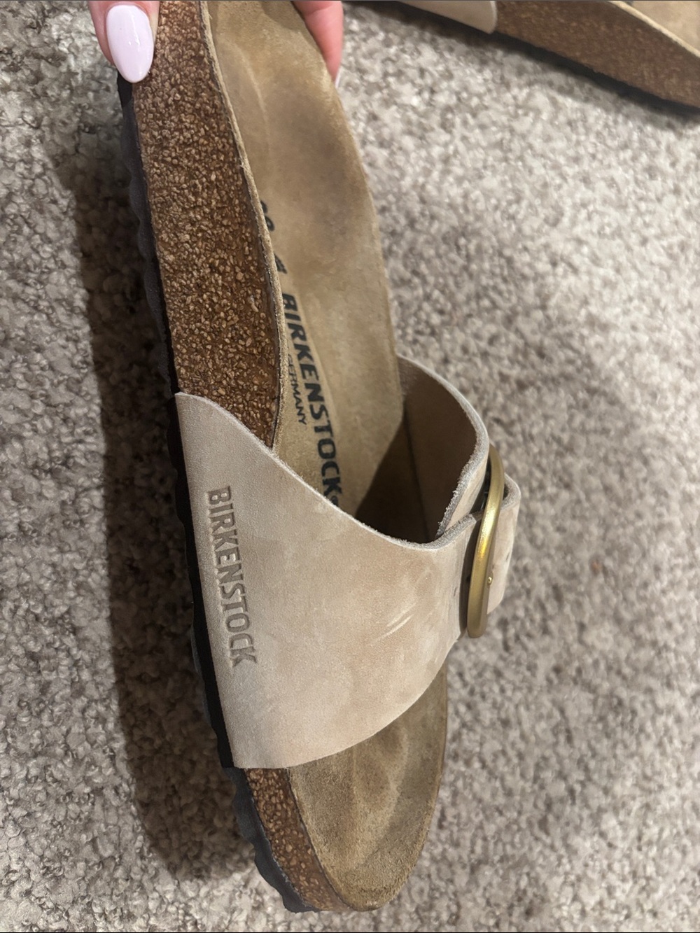 Birkenstock Single Strap Slide in Taupe with Gold Buckles - Picture 2 of 3